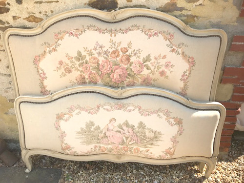 OLD FRENCH UPHOLSTERED TAPESTRY BED